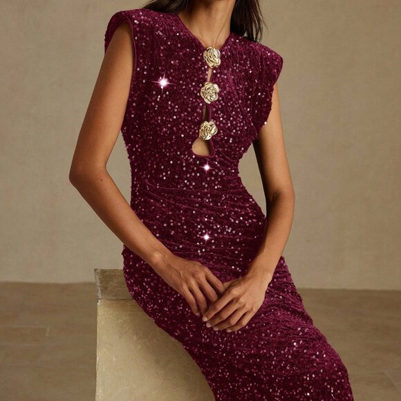 Burgundy Preppy Women's Velvet Sequin Party Dress with Metal Buckle - Picture 5 of 6